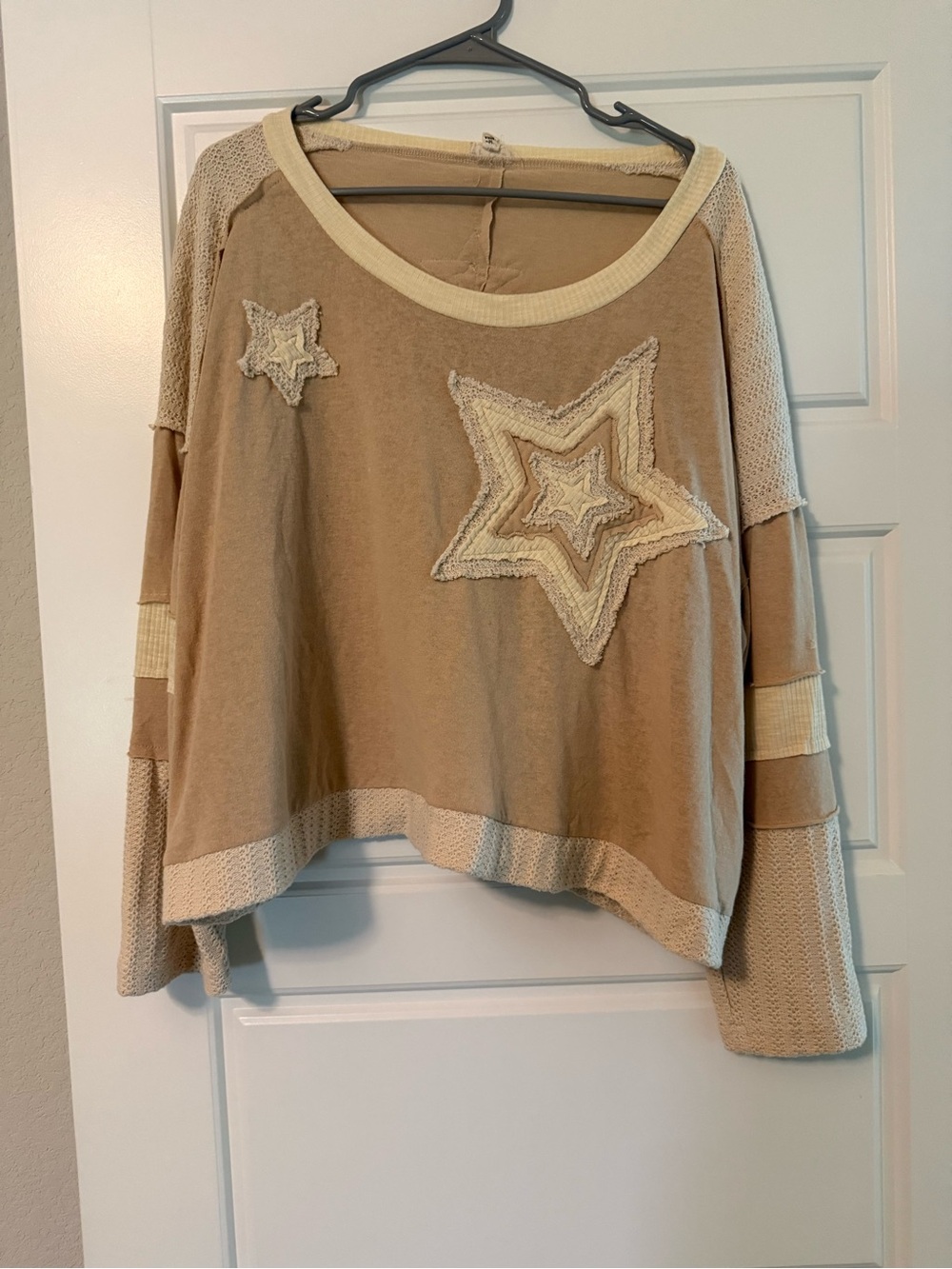 POL Beige Star Appliqué Long Sleeve Women's Sweater